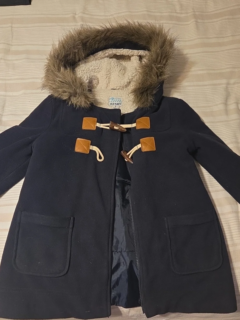 Old Navy Navy Girls' Pea Coat with Faux-Fur Hood and Tan Toggle Accents